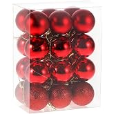 RELONGGI Christmas Balls Ornaments, Red, 24pcs, 1.5" | Pre-Strung, Xmas Tree Decorations, 3 Style Shatterproof, Birthday Halloween Holiday Wedding