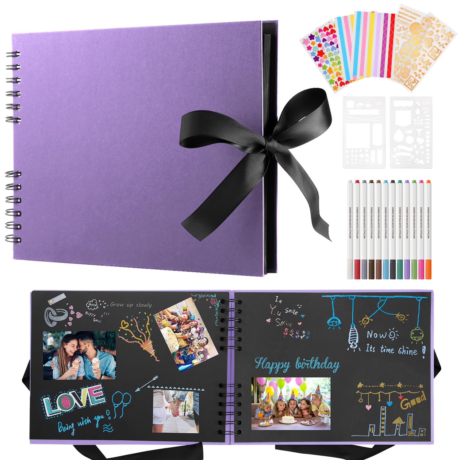 DazSpirit Photo Album Scrapbook - 80 Page DIY Memory Book with 12 Metallic Pens & 8 Photo Stickers, Holds 420 Photos - Scrapbook Kit, Perfect for Writing, Drawing, and Storing Memories(Purple)