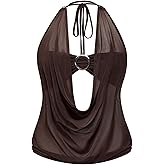 OYOANGLE Women's Draped Front Ruched Sleeveless Sheer Halter Top Y2K Open Back Cami Crop Tops