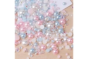 Niziky 1100PCS Flatback Pearls and Rhinestones, 30g Mix Sizes Lt.Pink Blue AB Color Pearls Flatback Rhinestones for Crafts, Resin Rhinestones Half Round Pearls for Nail Face Art Crafts
