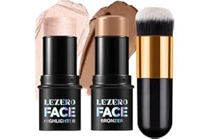 LEZERO 2Pcs Contour Stick with Brush Set, Highlighter and Bronzer Face Stick for Face Shaping, Long Lasting Waterproof Silky Cream Contouring Stick for Sculpt the Face, Non-Greasy Formula (8#、#14, Brush)