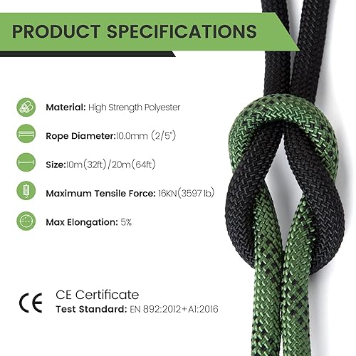 Static Climbing Rope 10M(32ft) 20M(65ft), 10mm Outdoor Rock