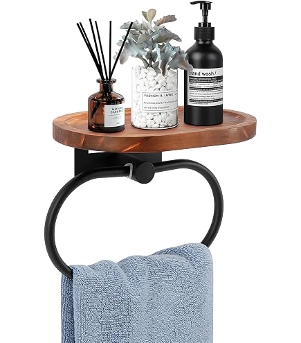 TocTen Wall Mount Towel Ring With Wooden Shelf – Matte Black Metal Hand Towel Holder For Bathroom, Kitchen, RV, Rustic Design