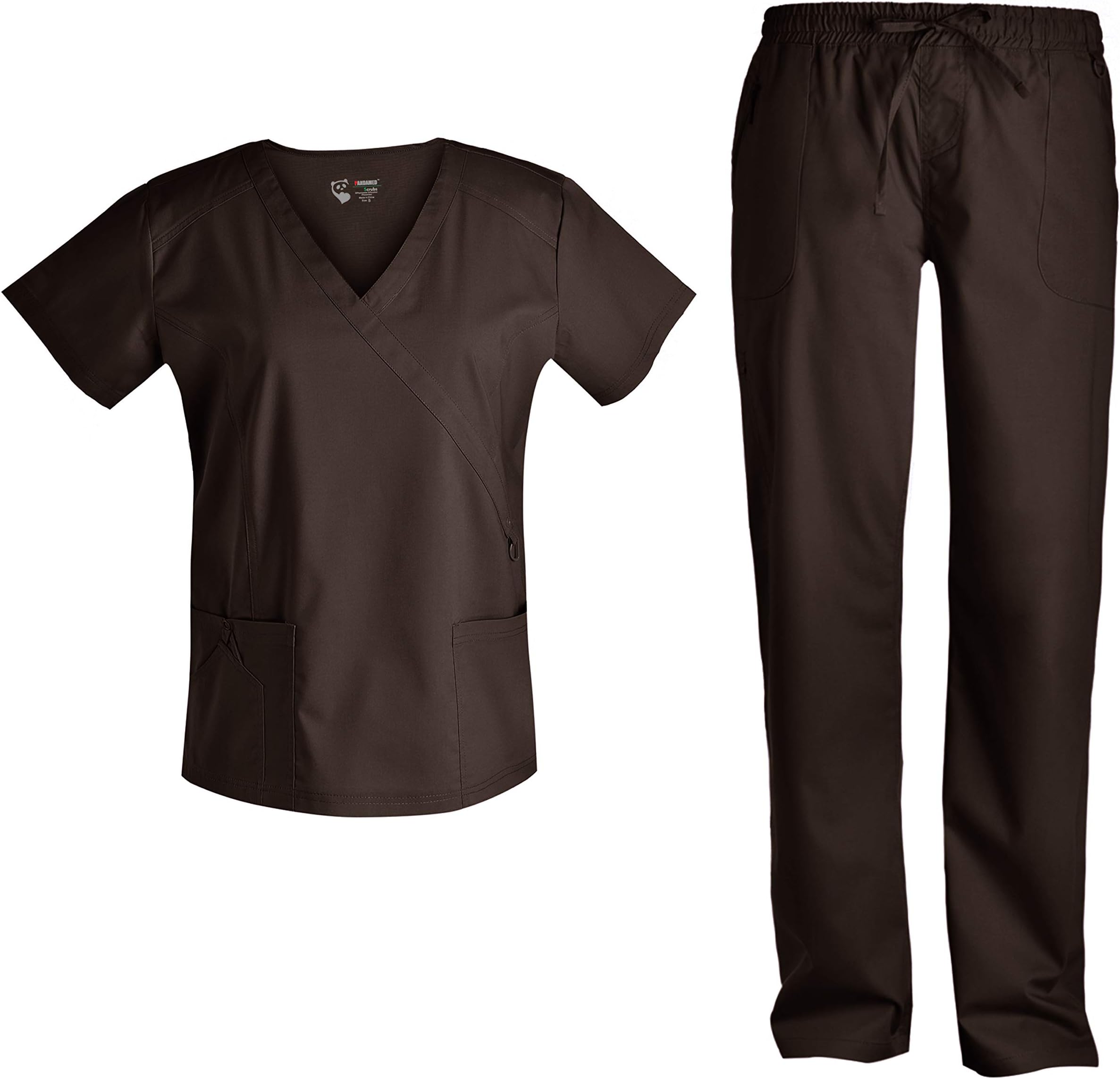 Women Scrubs Set Medical Scrubs - Pandamed Stretch scrubs Mock Wrap Scrubs top Scrubs Pants Multiple Pockets TCS3101