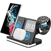 4 in 1 Wireless Charger with Alarm Clock Compatible for Galaxy Watch 8/7/Ultra/FE/6 Pro Galaxy S25/Ultra/S25+/S24/S23/Note 20/Z Flip 7/6/5 Fold 6 Galaxy Buds 3/2/Pro Multiple Devices Charging Station