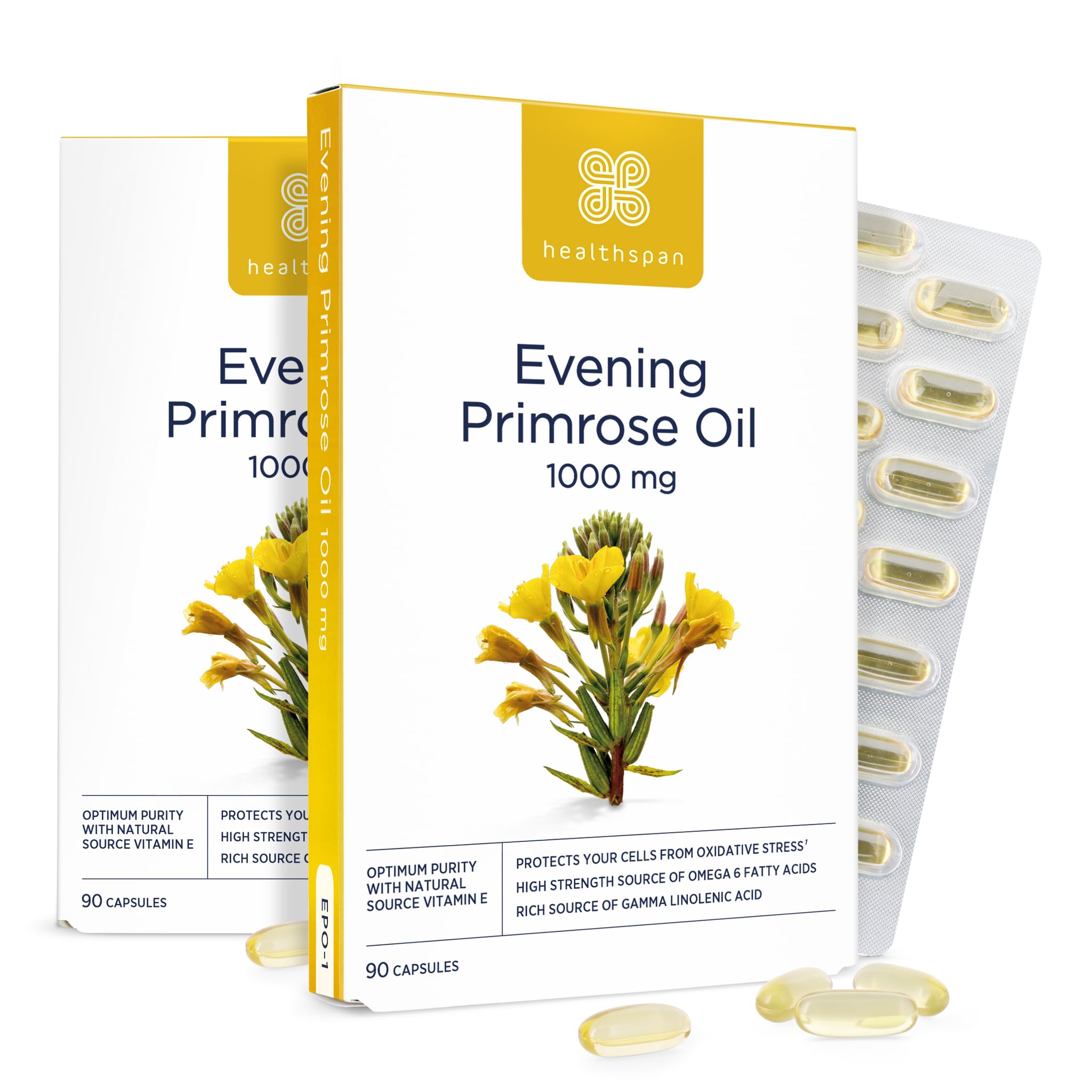 Healthspan Evening Primrose Oil | Support Women's Health | Helps Maintain Hormonal Balance | Rich Source of Omega 6 Fatty Acids | Added Vitamin E | Vegan (180 Capsules, 1,000mg)