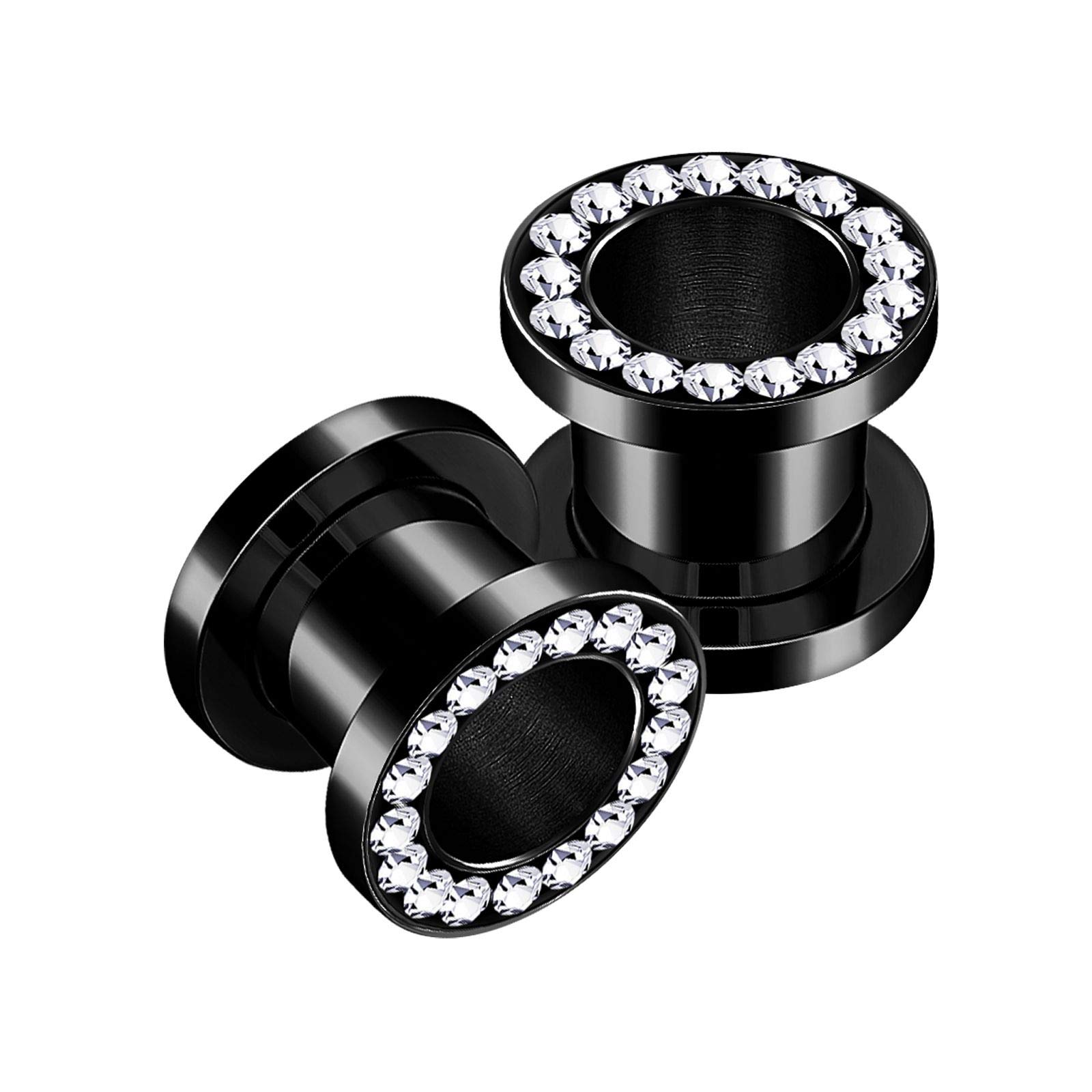 KJM FASHION 2 x Black Anodised Clear Crystal Studded Ear Stretcher Expander, Crystal, Metal, Steel