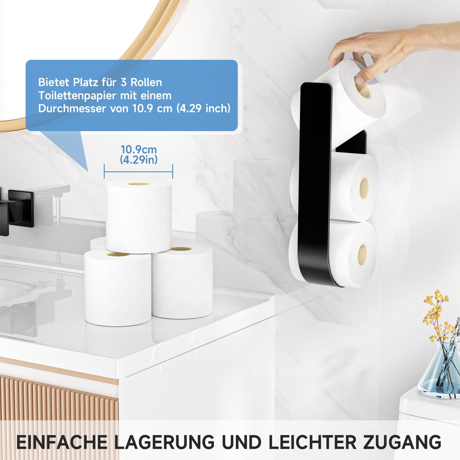 Toilettenpapier Aufbewahrung Wand, Klopapier Aufbewahrung, Toilettenpapierhalter Ohne Bohren, Ersatzrollenhalter Toilettenpapier für 3 Rollen, Selbstklebend Klopapierhalter, Schwarz 6