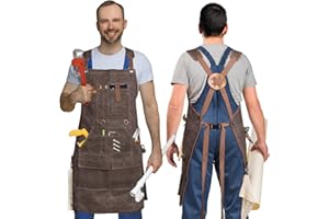 Lumil Waxed Canvas Woodworking Apron - 22oz Woodworking Apron for Men, Leather Face Apron with 9 Pockets & Cross Back Straps