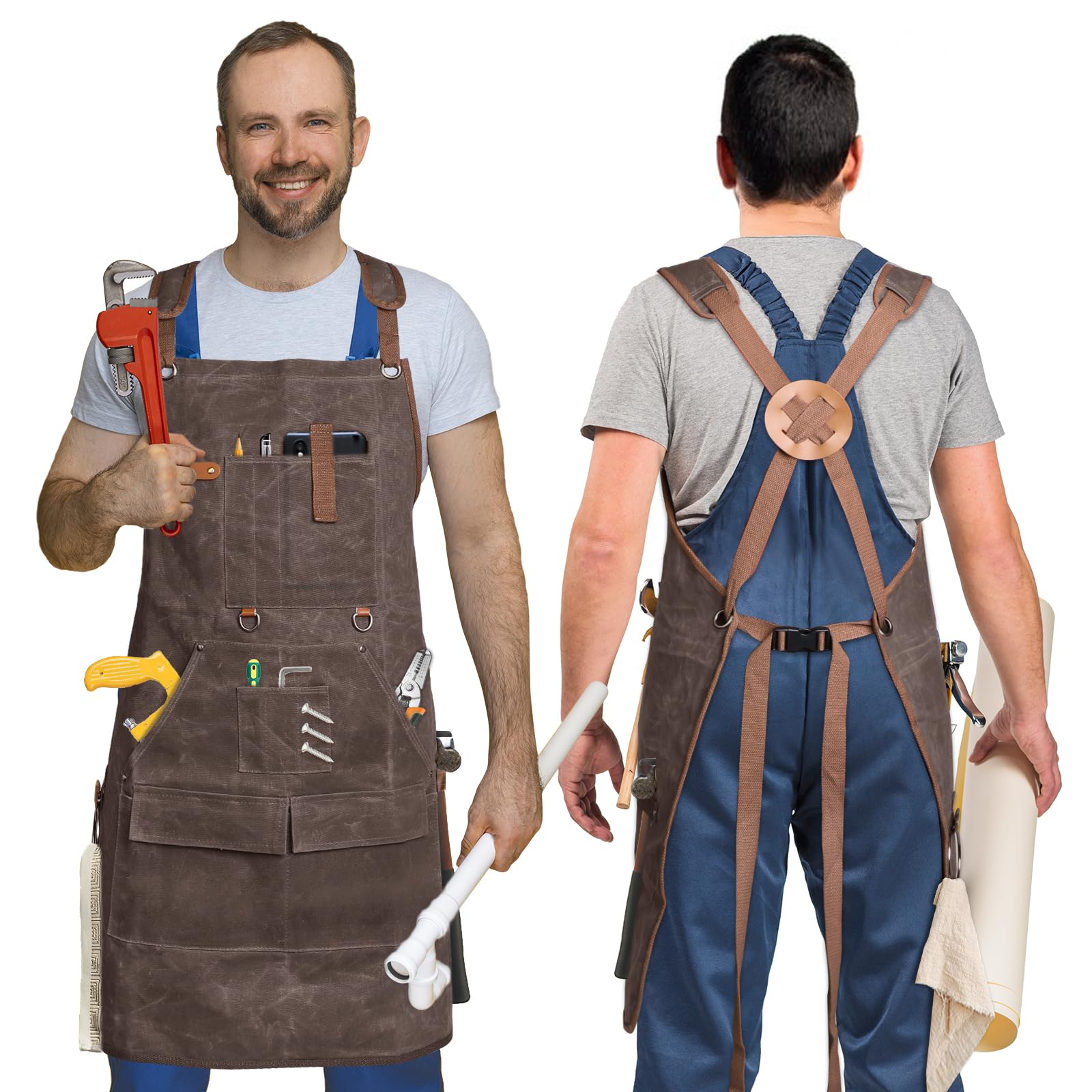 FinityPro Waxed Canvas Woodworking Apron - 22oz Heavy Waxed Canvas Work Aprons for Men and Women, with 9 Pockets & Cross Back Straps, Woodworking Aprons for Men, Adjustable Woodwork Shop Apron, Brown