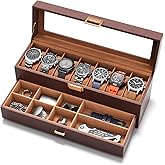 sensok Watch Case Box for Men - 7 SLots Watches Storage Organizer Real-Glass Display Case with Jewelry Drawer 2-Layer PU Leather Collection Holder Gift for Loved Ones Brown
