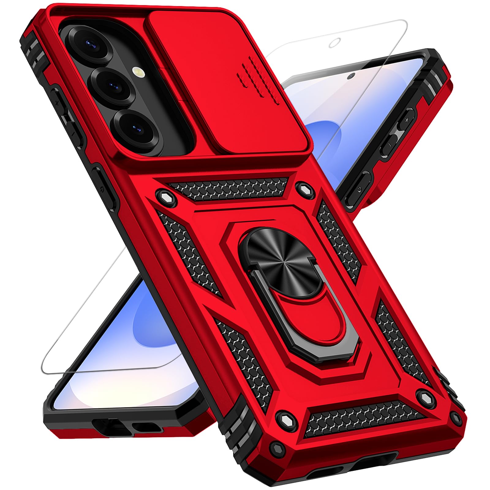 for Samsung Galaxy S26 Plus Case, with Slide Camera Cover HD Screen Protector 360° Rotable Ring Holder Kickstand Military Grade Protection 15ft Drop Tested Protective Phone Case for S26+ Plus (Red)