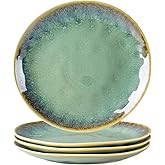 Henten Home Ceramic Dessert Plates, 8.5 Inch Salad Plate Set of 4, Porcelain Snack Serving Dishes for Cake, Kitchen, Microwave & Dishwasher Safe, Reactive Glaze (Green)