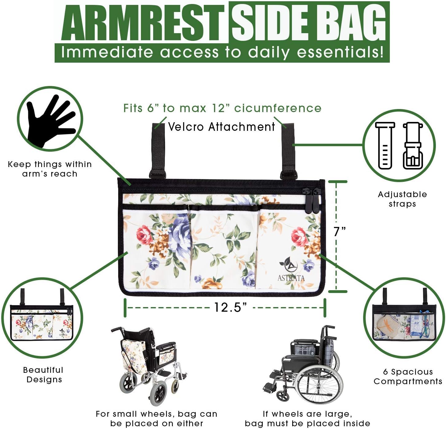 Two Bags Wheelchair Accessories by Astrata - Backpack Storage and Armrest Side Organizer - Lightweight Wheelchair Rollator Walker Bag - Organizers and Storage Travel Items (Floral): Health & Personal Care