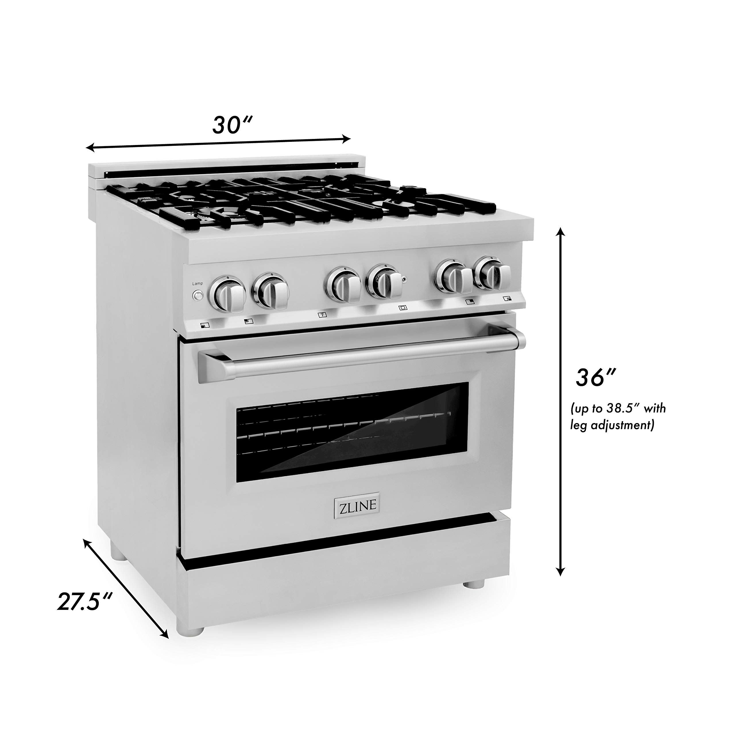 ZLINE 30 Inch 4.0 Cubic Foot Stainless Steel Dual Fuel Range with 4 Burner Porcelain Cooktop, Gas Stove, Cast Iron Grill, and Electric Convection Oven