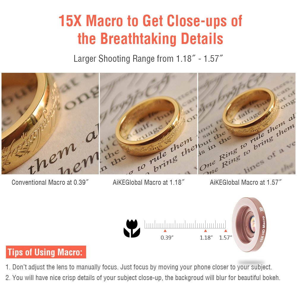 iPhone Lenses Kit - Universal 2 in 1 120°Wide Angle Lens & 15X Macro Lens, Cell Phone Camera Lens for iPhone 7/7 Plus/6s/6s Plus/6/5, Samsung Galaxy & More, Buy 1 Get 1 Free (Rose Gold)