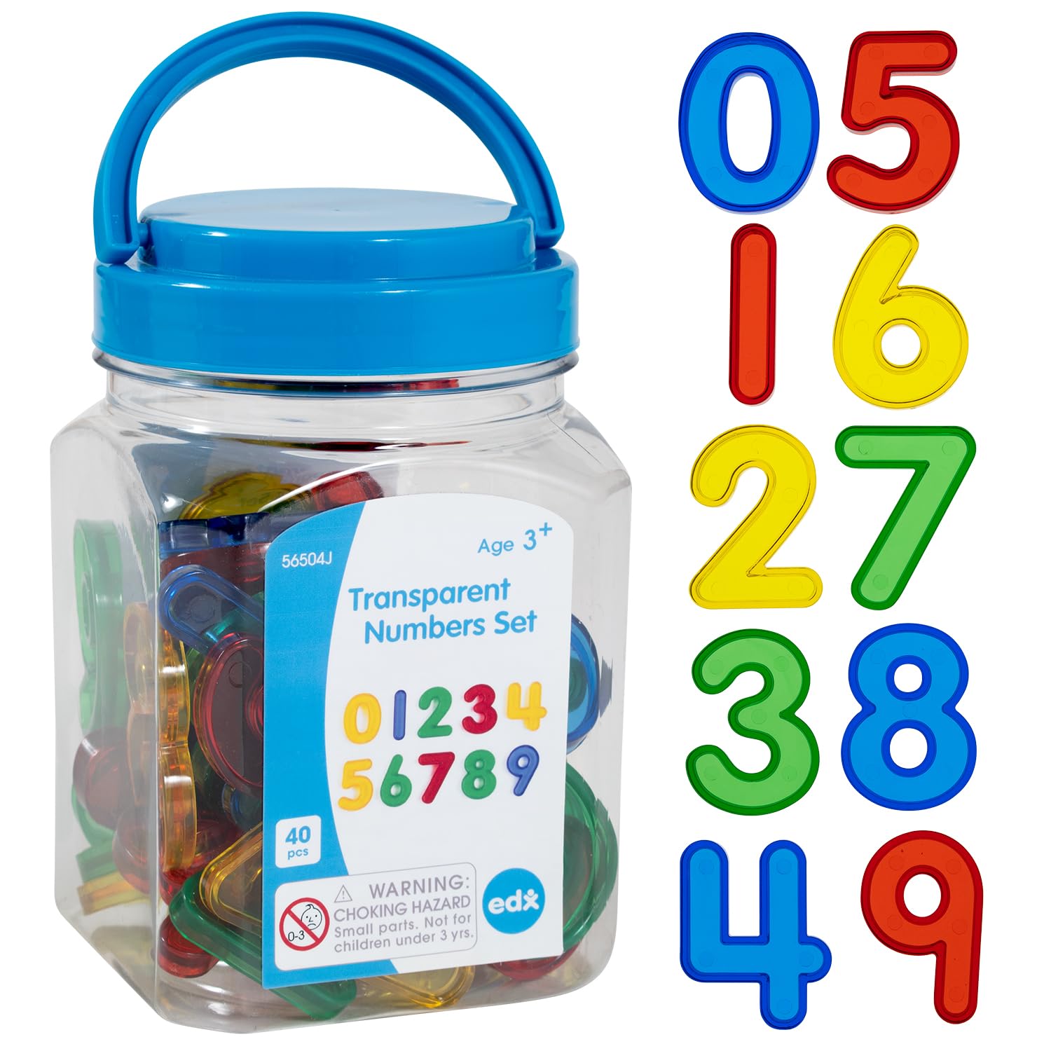 edxeducation Transparent Numbers | Mini Jar | Set of 40 | Colourful, Plastic Numbers | Sensory Toy | Light Panel Accessory | Early Years Maths Resource