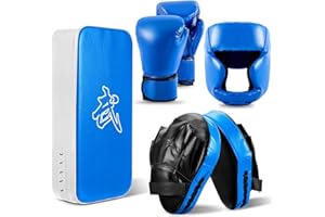 Foilswirl 5-in-1 Kids Boxing Pads Gloves Kick Punching Mitts Set with 1 Pair of Gloves, 2 Pcs Pads Taekwondo Kick Pad and Head Guard for Youth Beginner Training Kickboxing Karate Thai