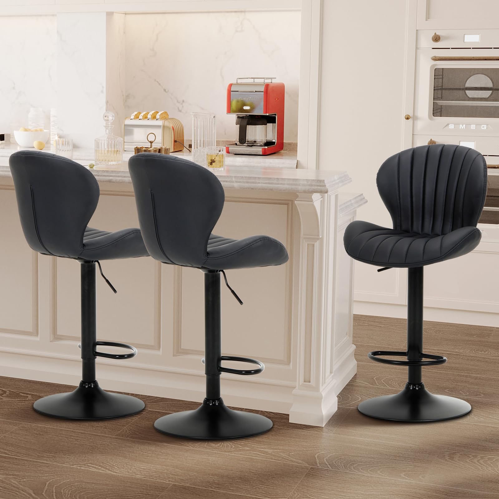 COLAMY Bar Stools Set of 3, Adjustable Modern Swivel Bar Chairs, Faux Leather Upholstered Barstools Counter Height with High Backrest for Bar, Kitchen Island, Dining Room, Black Image