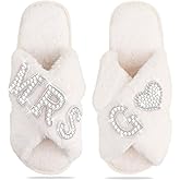 Bride Slippers for Wedding Day, Bride To Be Bridal Shower Gift for Women Bridesmaids, Personalized Initial MRS Pearl Letter Open Toe Fuzzy Flip Flops, Getting Ready Outfit, Bachelorette Party