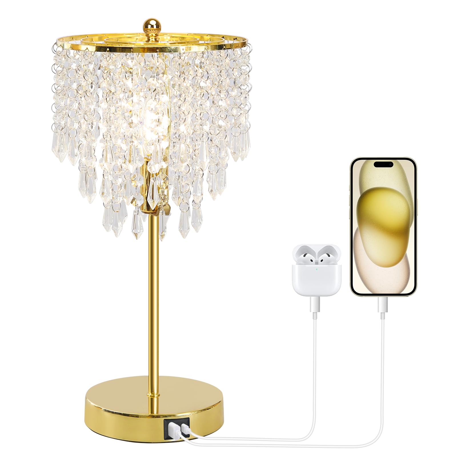 Photo 1 of Touch Control Crystal Table Lamp with USB C+A Ports, 3-Way Dimmable Gold Lamp, Bedside Light with Crystal Shade, Girls Lamp for Bedroom, Living Room, Teens Room, Dresser, 6W LED Bulb Included
