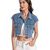 VOHOTO Women Cropped Denim Shirt Summer Jean Stylish Button Down Collared Cute Sleeveless Top with Pockets