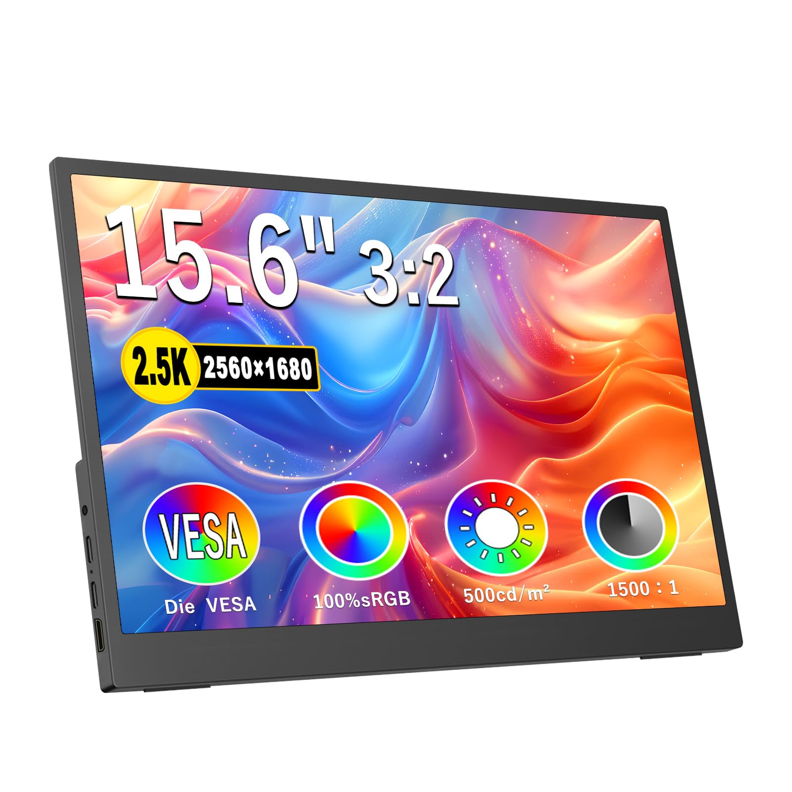 Kyyivwine 15.6 Inch 2.5K Portable Monitor, 2560 x 1600 Ultra Flat HDR Display, 100% NTSC, 3:2 Laptop Display, 500cd USB-C HDMI Portable Monitor for Laptops, PCs, Phone, Mac, Xbox/PS/Switch, VESA