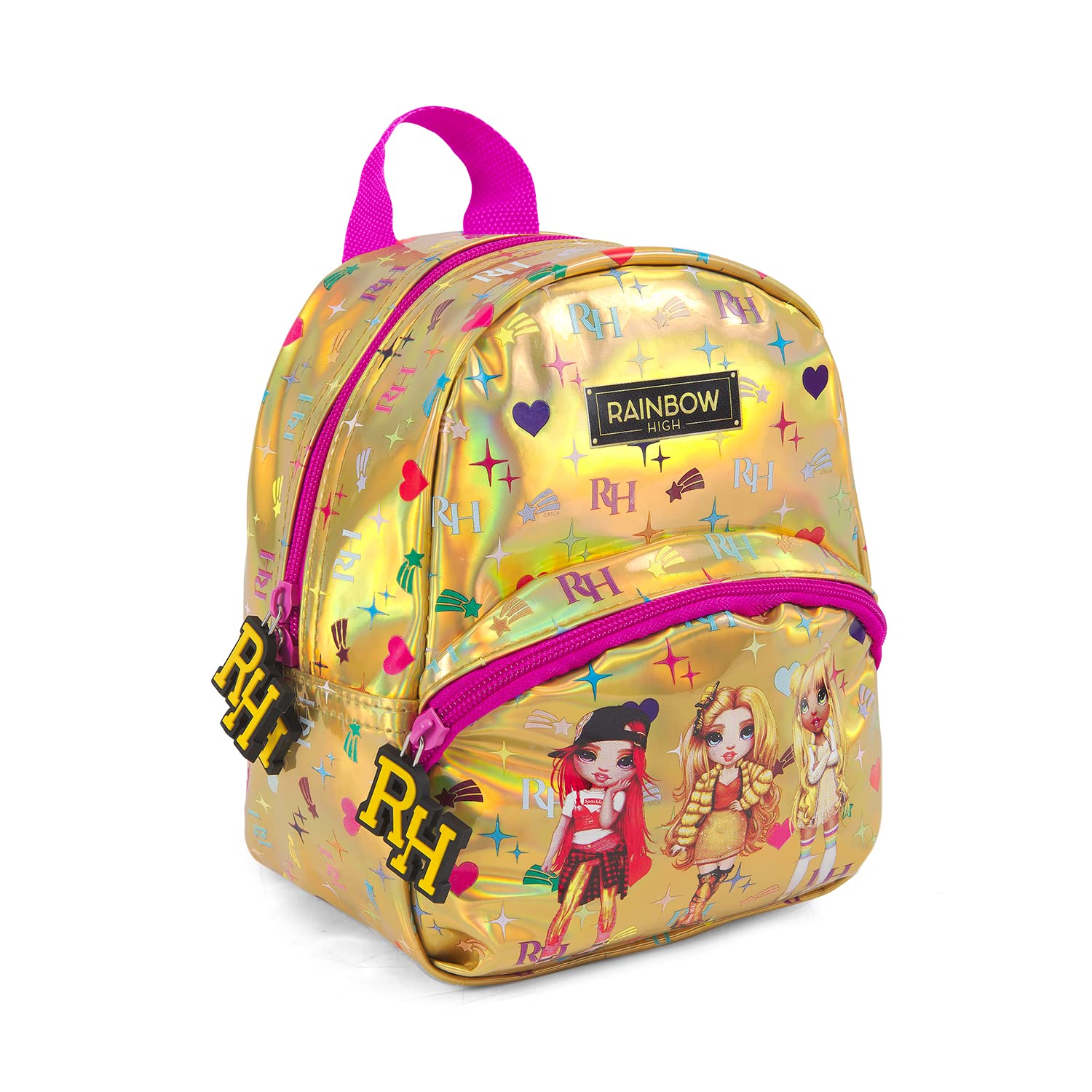 PERLETTI Rainbow High Mini Fashion Backpack for Girls - Kids Rucksack School Kindergarten with Front Pocket Purple Yellow - Small Multicolour Daypack Ruby Poppy Sunny with Glitter - 21x17x12 cm