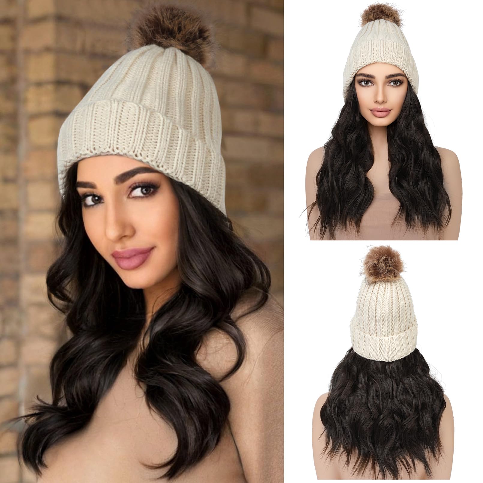 Photo 1 of REECHO Warm Knitted Beanie Hat with 12" Beach Wavy Synthetic Hairpiece for Women - Beige, Black Brown Hair