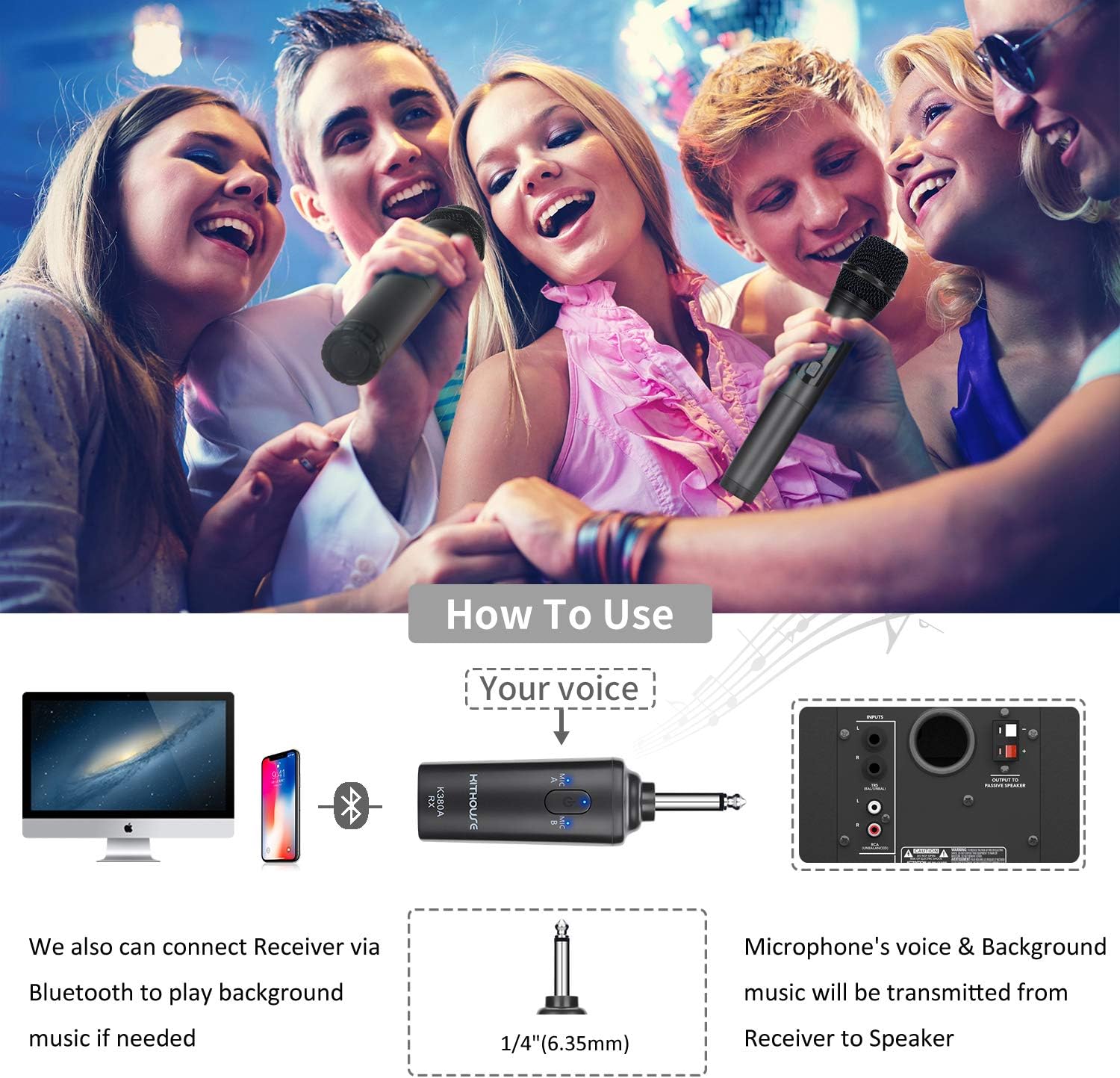 Kithouse K380A Wireless Microphone Karaoke Microphone Wireless Mic Dual With Rechargeable Bluetooth Receiver System Set - UHF Handheld Cordless Microphone For Singing Speech Church(Elegant Black): Musical Instruments