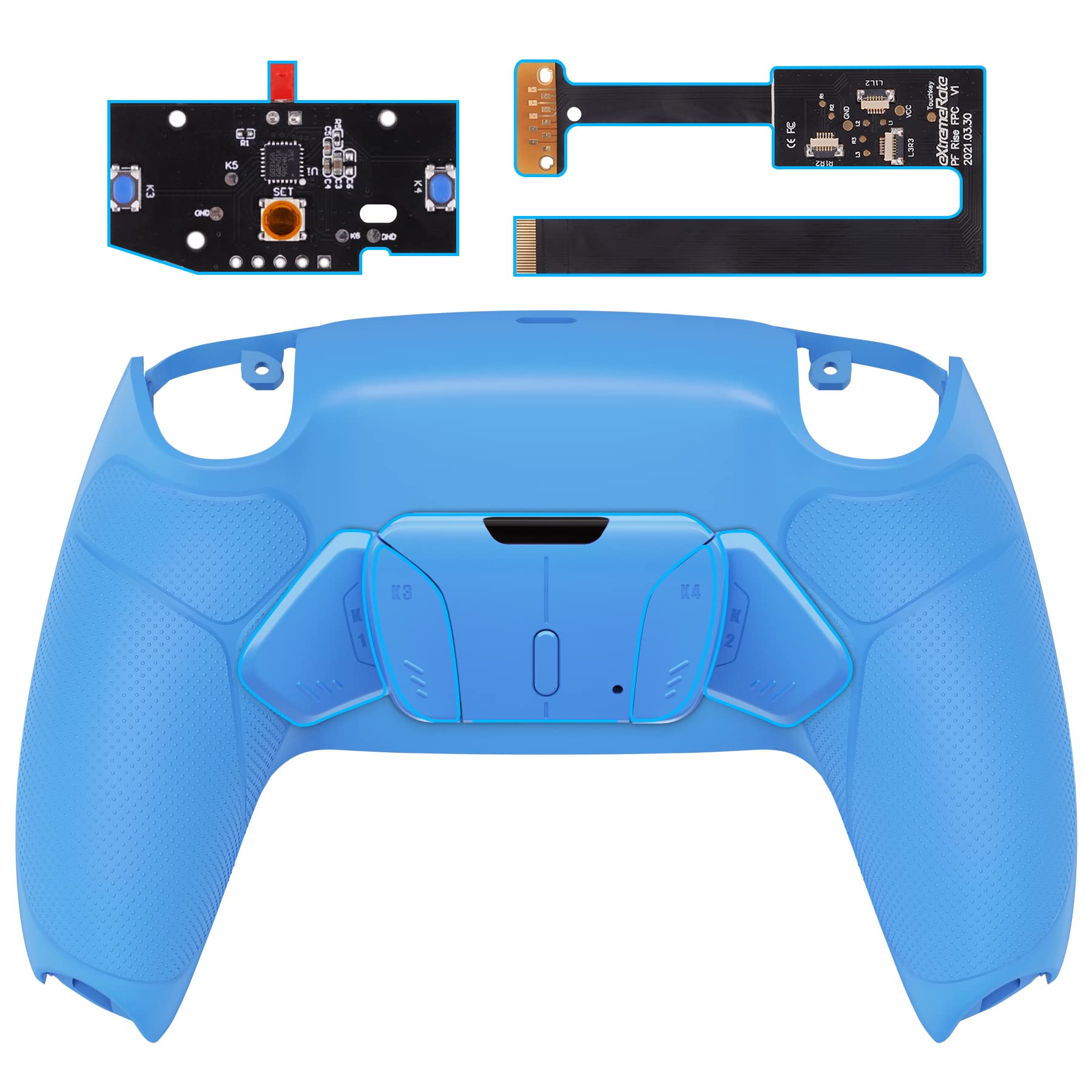 eXtremeRate Starlight Blue Rubberized Grip Programable RISE4 Remap Kit for PS5 Controller BDM-010 BDM-020 Models, Upgrade Board & Redesigned Back Shell & 4 Back Buttons for PS5 Controller