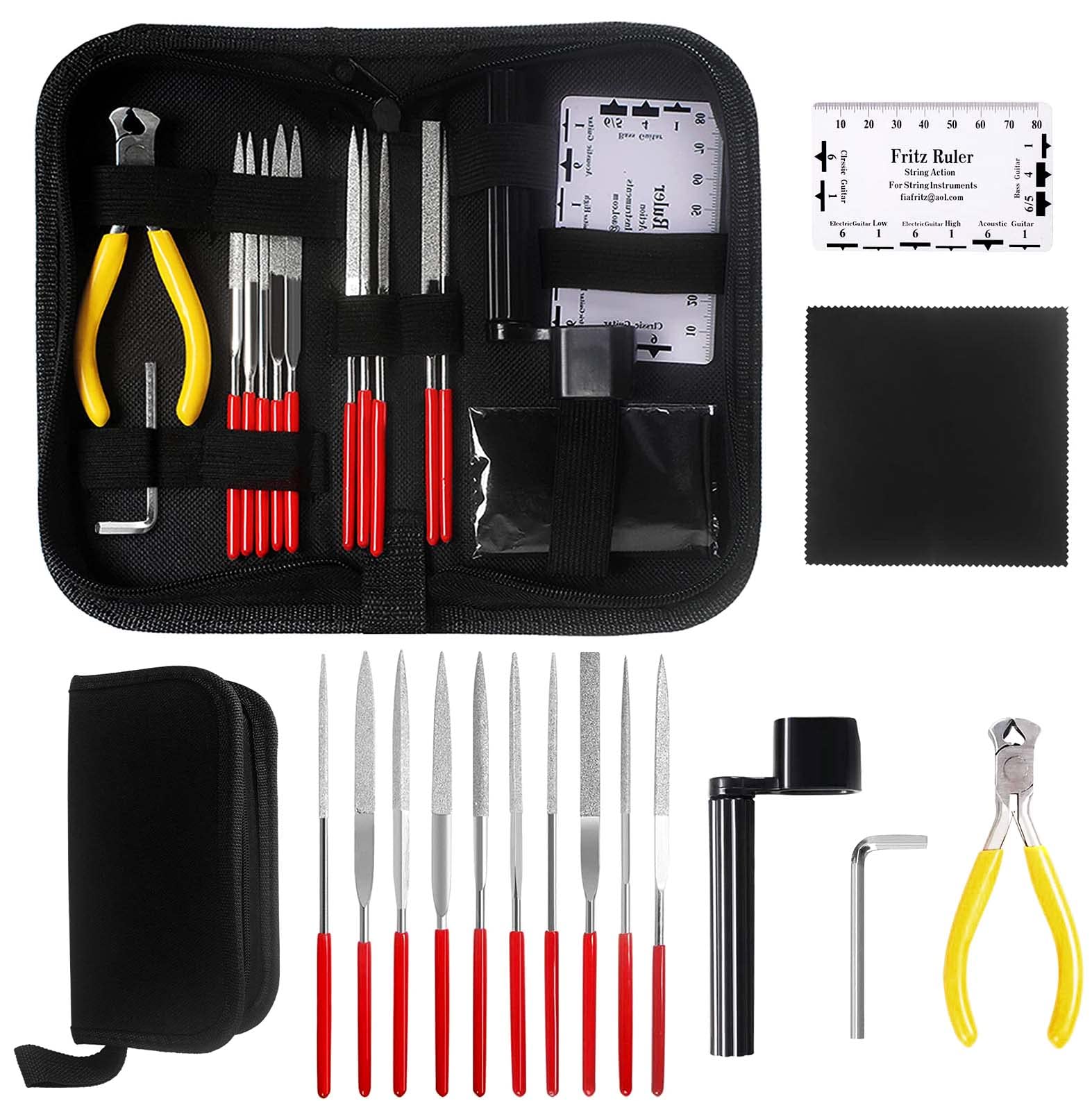 Kulannder Guitar Care Kit: 15-Piece Accessories Set for Guitar, Ukulele, Bass & More - Includes Files, Ruler, Winder, Cutter, Wrench & Case