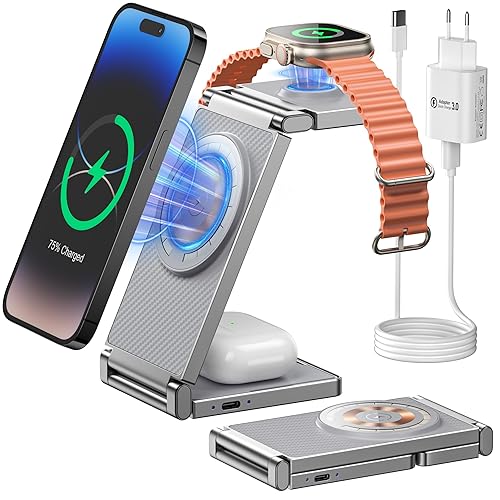 REOKILY 3 in 1 Wireless Charging Station Mag-Safe Charger Stand iPhone and Watch Charging Stand for iPhone 15/14/13/12 Max/Pro/Mini and for Airpods 1/2/3/Pro