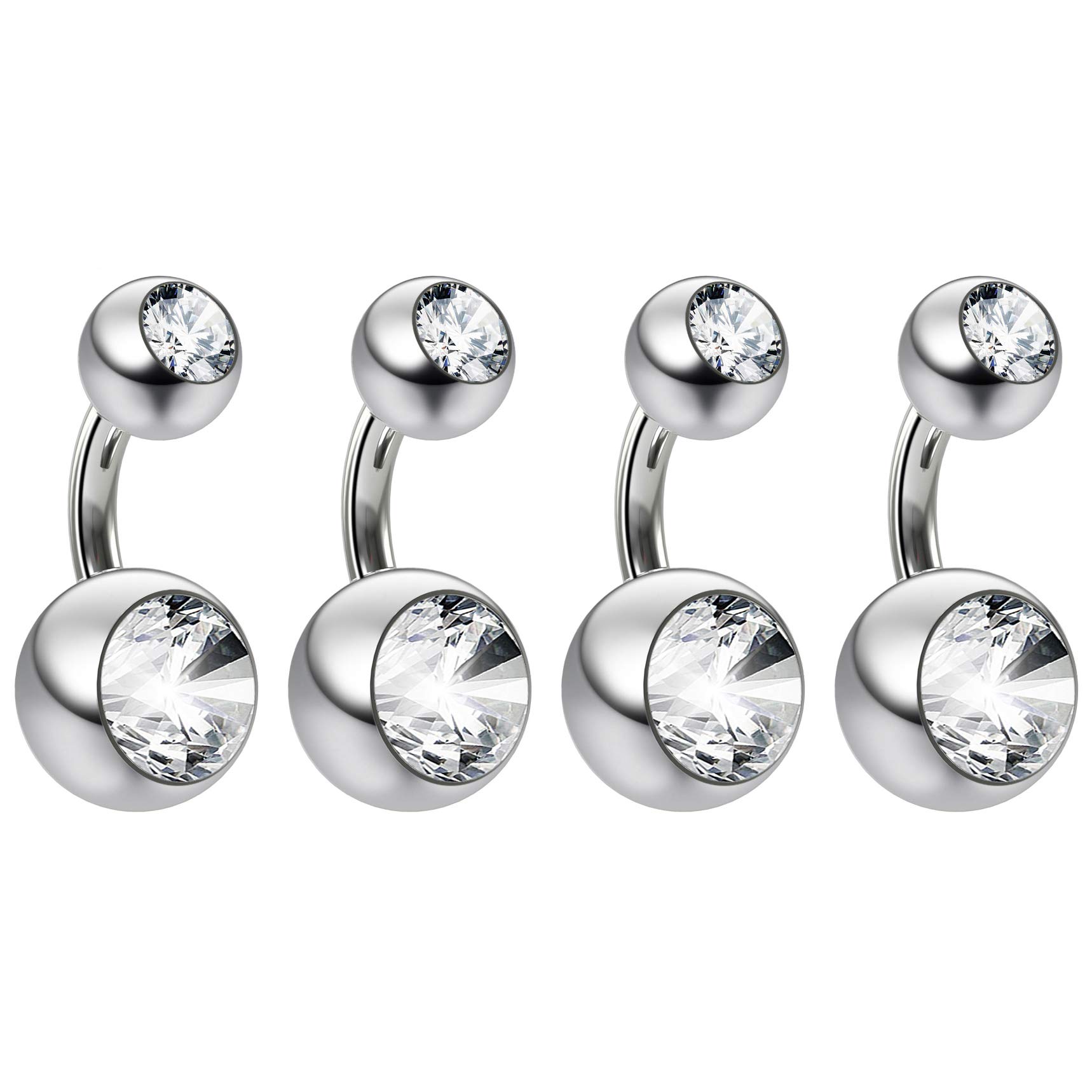 Evonix 4pc 14g 1.6mm Banana Belly Button Ring Navel Bars 6mm Surgical Steel Rings CZ Crystal Jeweled Lot
