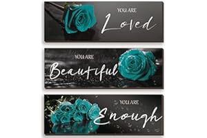 ZINYAZHE 3 Pieces Teal Wall Decor Inspirational Teal Roses Bathroom Decor Wooden Wall Art Positive Quotes You Are Loved You Are Beautiful You Are Enough for Teen Girls Women Office Bedroom(12 x 4 In)