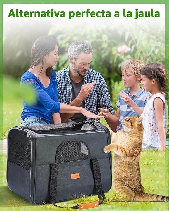 Transportín Perro Gato, Bolsa de Transporte Transpirable para Mascotas, Portador de Viaje con Correa de Hombro Ajustable, Transporte de Gato con Colchón Suave + Tazón Plegable 45,7L x 31,8W x 35,6H cm