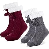 Foaincore 2 Pcs Slipper Socks for Women Sherpa Fuzzy Socks Non Slip Winter Warm Soft Home Fleece-lined Gripper Socks