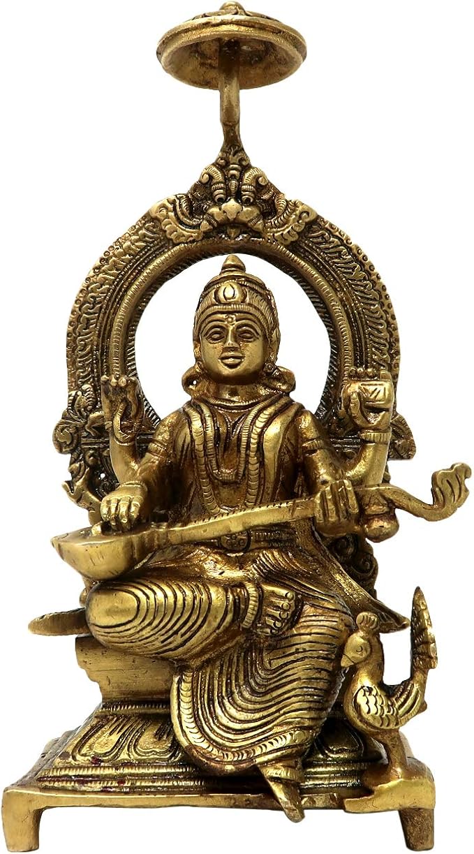 Brass Idols for Home Decor Ma Saraswati Sitting On Throne ...
