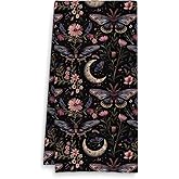 Fuasei Mystical Witchy Moth Kitchen Towels, Boho Dark Floral Hand Towels for Bathroom, Dark Academia Decor Dish Towel Tea Towel for Kitchen, Boho Bathroom Decor, Witchy Kitchen Decor, 16x24 Inch