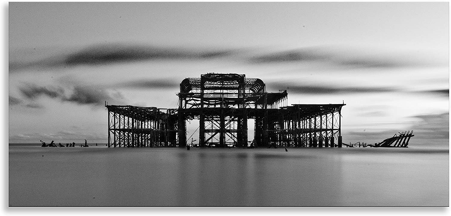 Thousand Face West Pier Brighton Black and White Abstract Panoramic Canvas Wall Art Picture Home Decoration (30" x 14" (76 cm x 36 cm))
