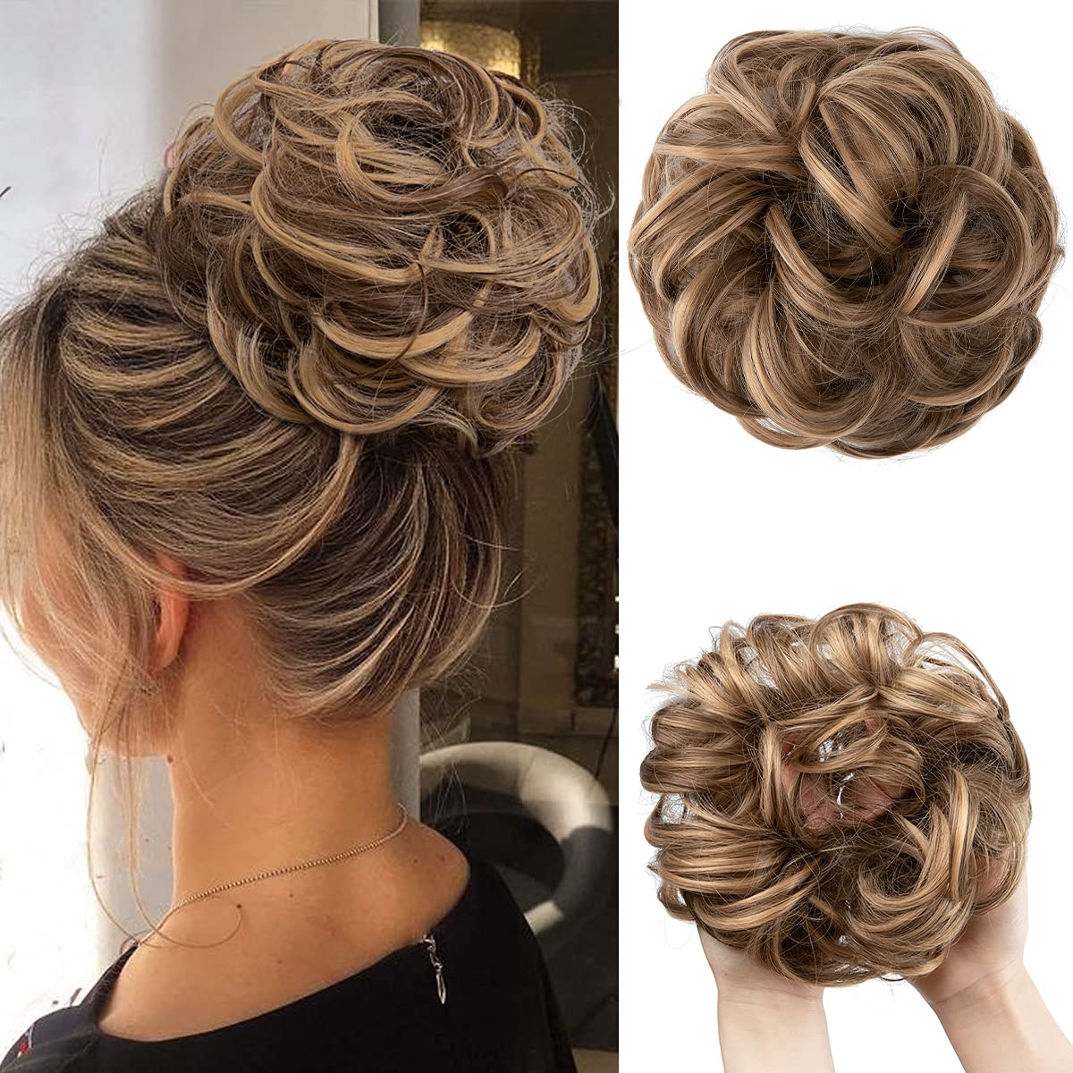 SARLA Messy Bun Hair Piece for Womens Synthetic Scrunchies Buns Extension Hairpieces Updo Pony Tail Brunette/Honey Blonde