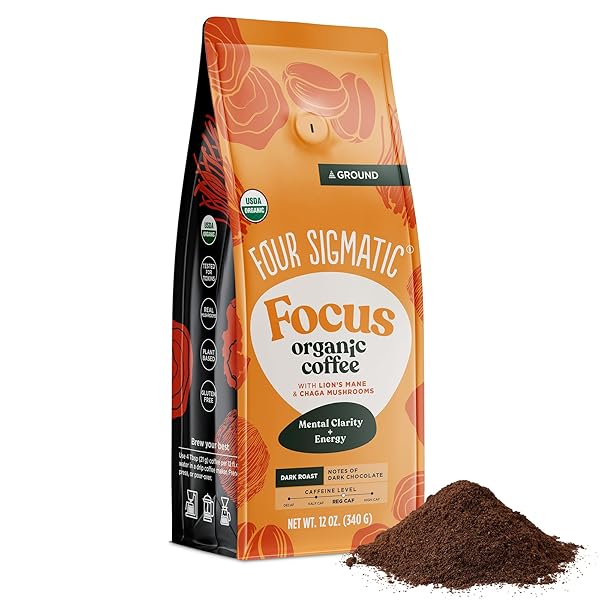 FOUR SIGMATIC FOCUS MUSHROOM COFFEE | ORGANIC GROUND COFFEE WITH LION’S MANE MUSHROOM AND CHAGA FOR BETTER FOCUS AND IMMUNE SUPPORT | 12OZ BAG