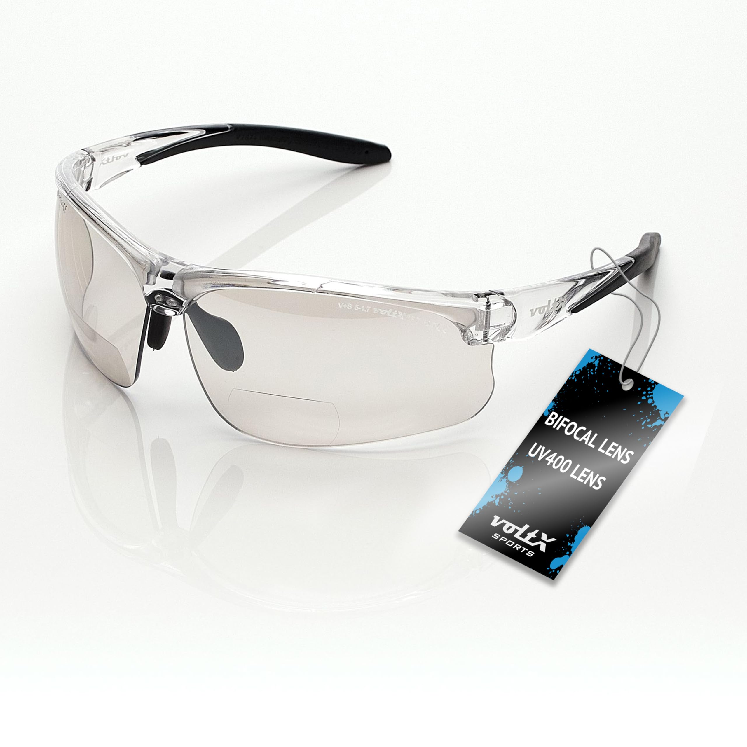 voltX 'ULTIMATE SPORTS' Bifocal Safety Glasses (+1.5 Dioptre, MIRROR Indoor/Outdoor Lens) - Anti Fog Coated UV400 lens - Adjustable nosepiece - Microfibre Carry Bag