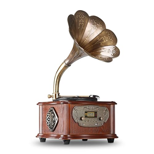 LuguLake Record Player Retro Turntable All in One Vintage Phonograph  Nostalgic Gramophone for LP with Copper Horn, Built-in Speaker  Aux-in/USB