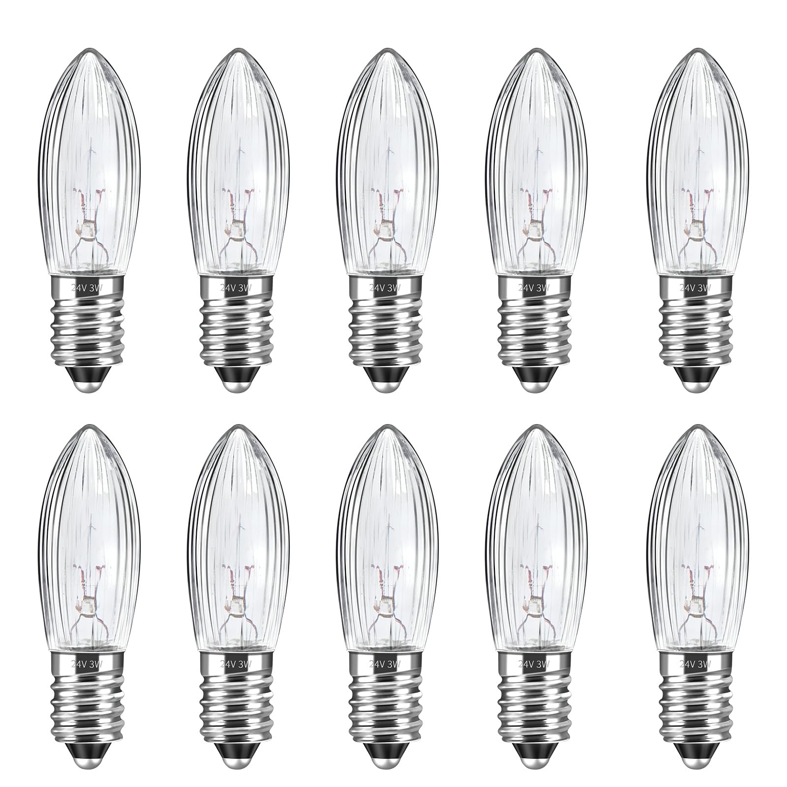 Caldarax 10 Pack E10 3W 24V Candle Replacement Light Bulbs, Warm White 2700K, Candlestick Bulb, Spare Christmas Light Bulb for Candle Bridge, Candles Arch, Candlestick, Fairy Lights, Pointed Candles
