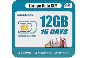 KAISNVXS Plug and Play Prepaid SIM Card for Europe Travel - EU 12GB Data SIM Card for 15 Days in 52 Countries, 5G/4G LTE High Speed Data Network, No Need Activation, Hotspot Support,Data Use Only