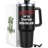 Lifecapido Son in Law Gifts, Favorite SON-IN-LAW 40oz Tumbler with Handle, Birthday Fathers Day Christmas Engagement Wedding Gifts for Son in Law from Mom in Law Dad in Law, Black
