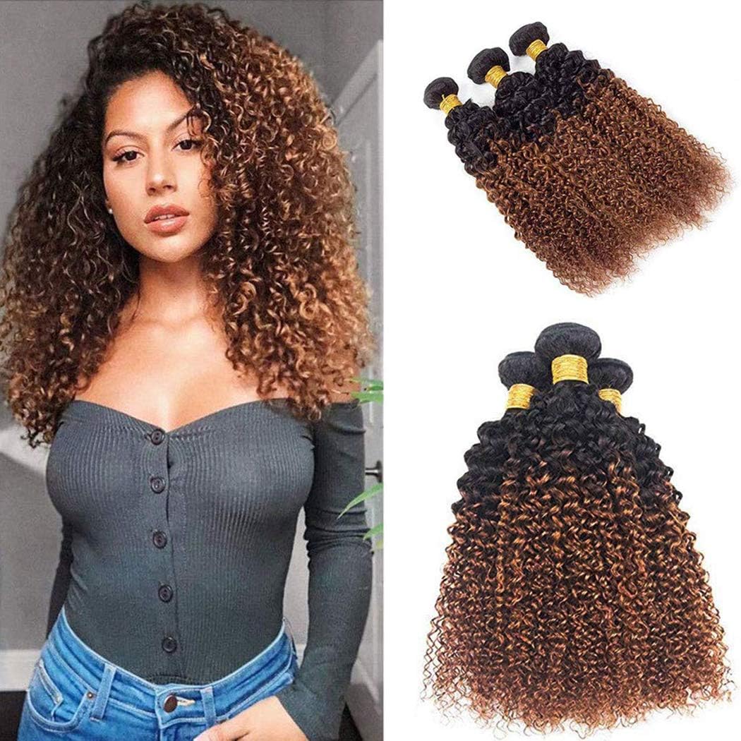Ombre Hair Brown Kinky Curly Human Hair T1B/30 3 Bundles 8A Grade Soft Brazilian 100% Human Hair For Black Woman Hair Extensions (20"22"24") Inch