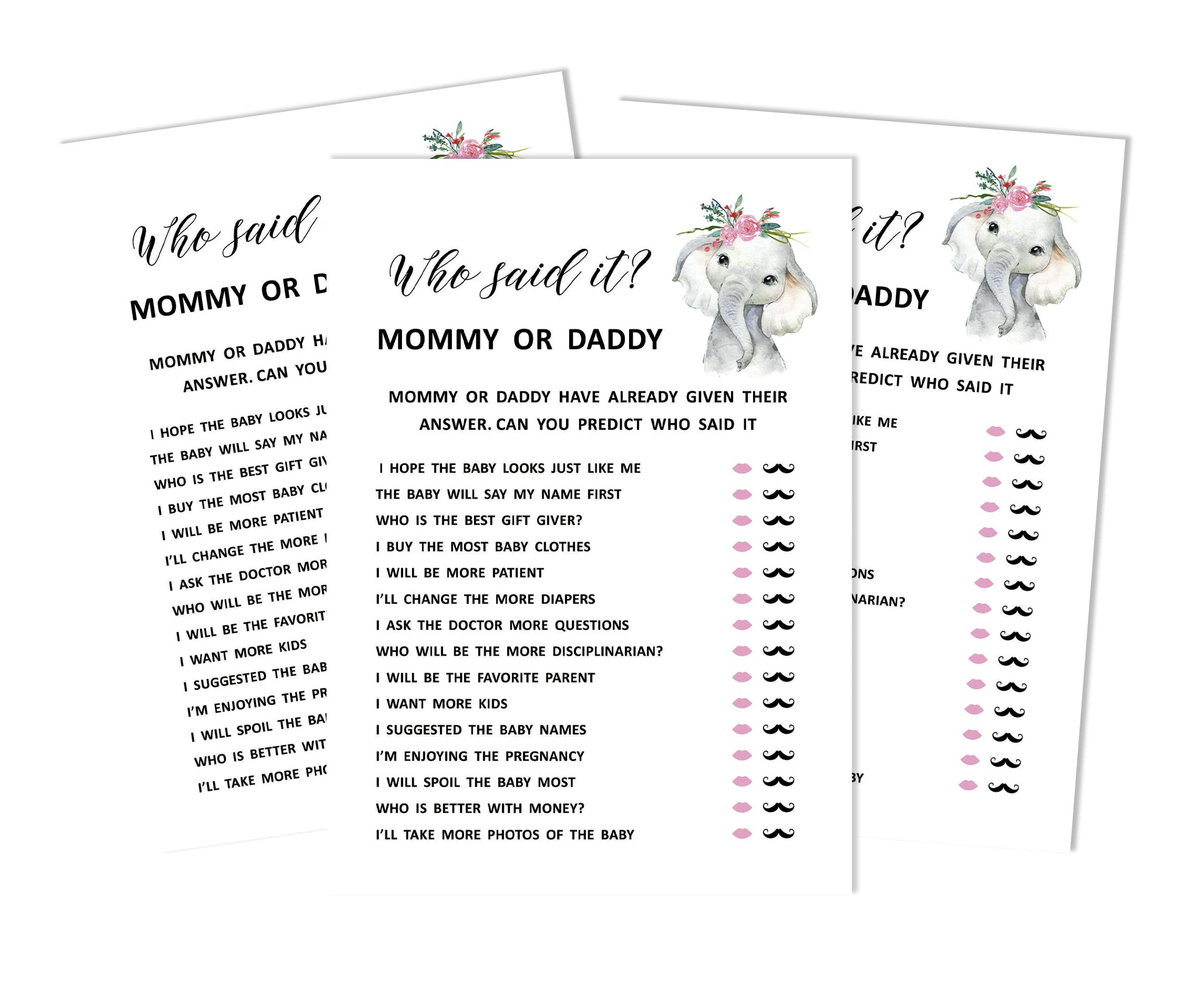 Inkdotpot Mommy Or Daddy Who said it Game Baby Elephant Girl Jungle Animals Set Of 50 Fun Baby Shower Game Party Supply