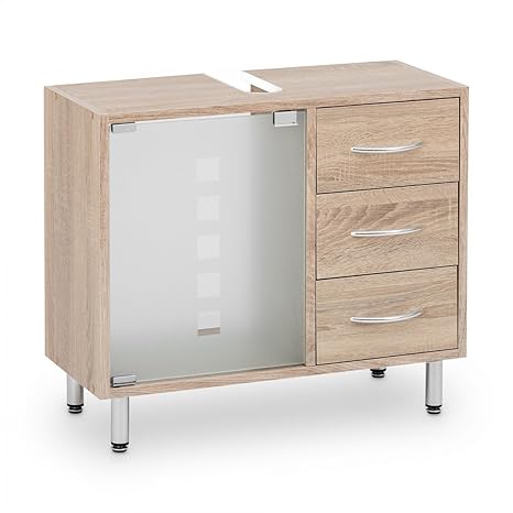 Galdem Waschbeckenunterschrank mit 3 Schubladen Glastür Bad Möbel Badschrank Gäste WC Gästebad Waschtisch Unterschrank Holz S